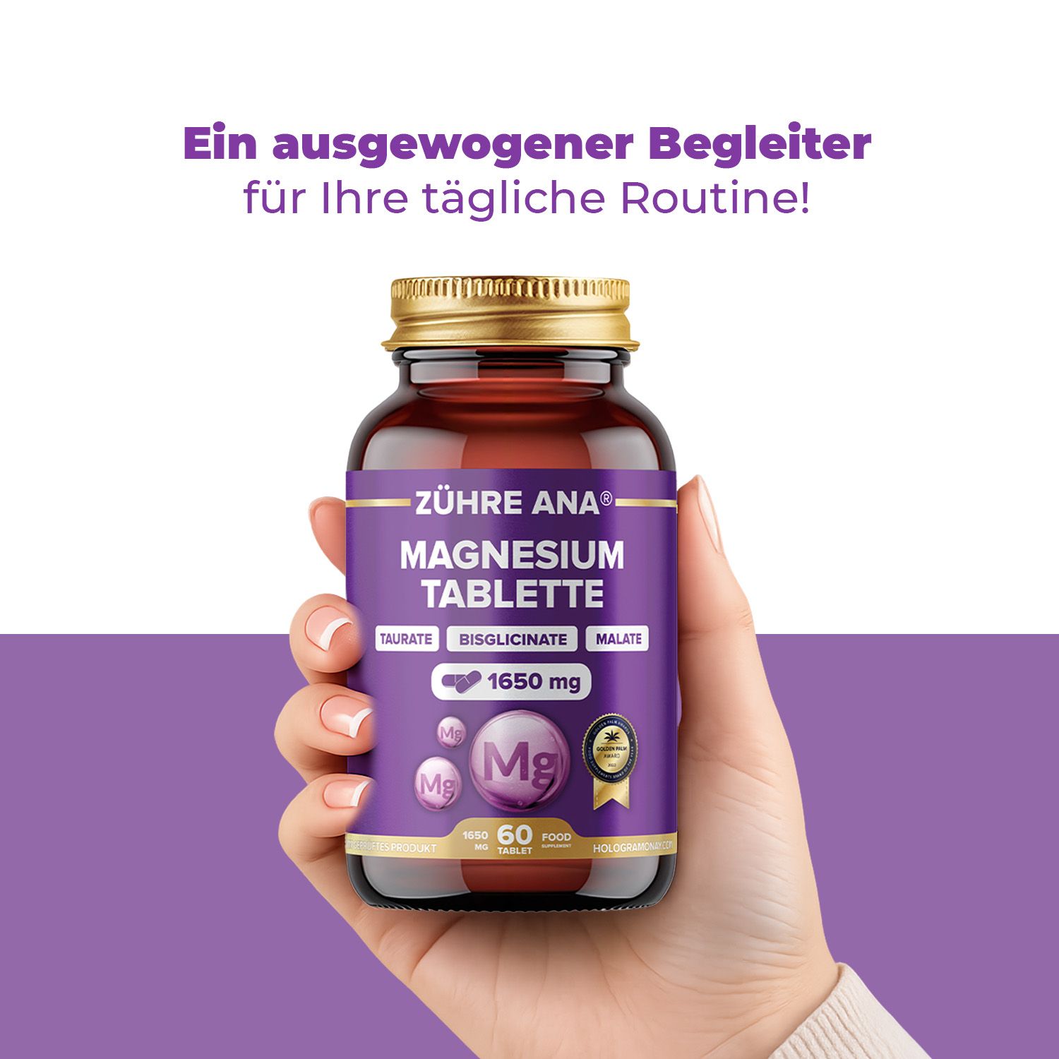Bruine glazen fles met Zühre Ana magnesiumtabletten. Bevat 60 tabletten.