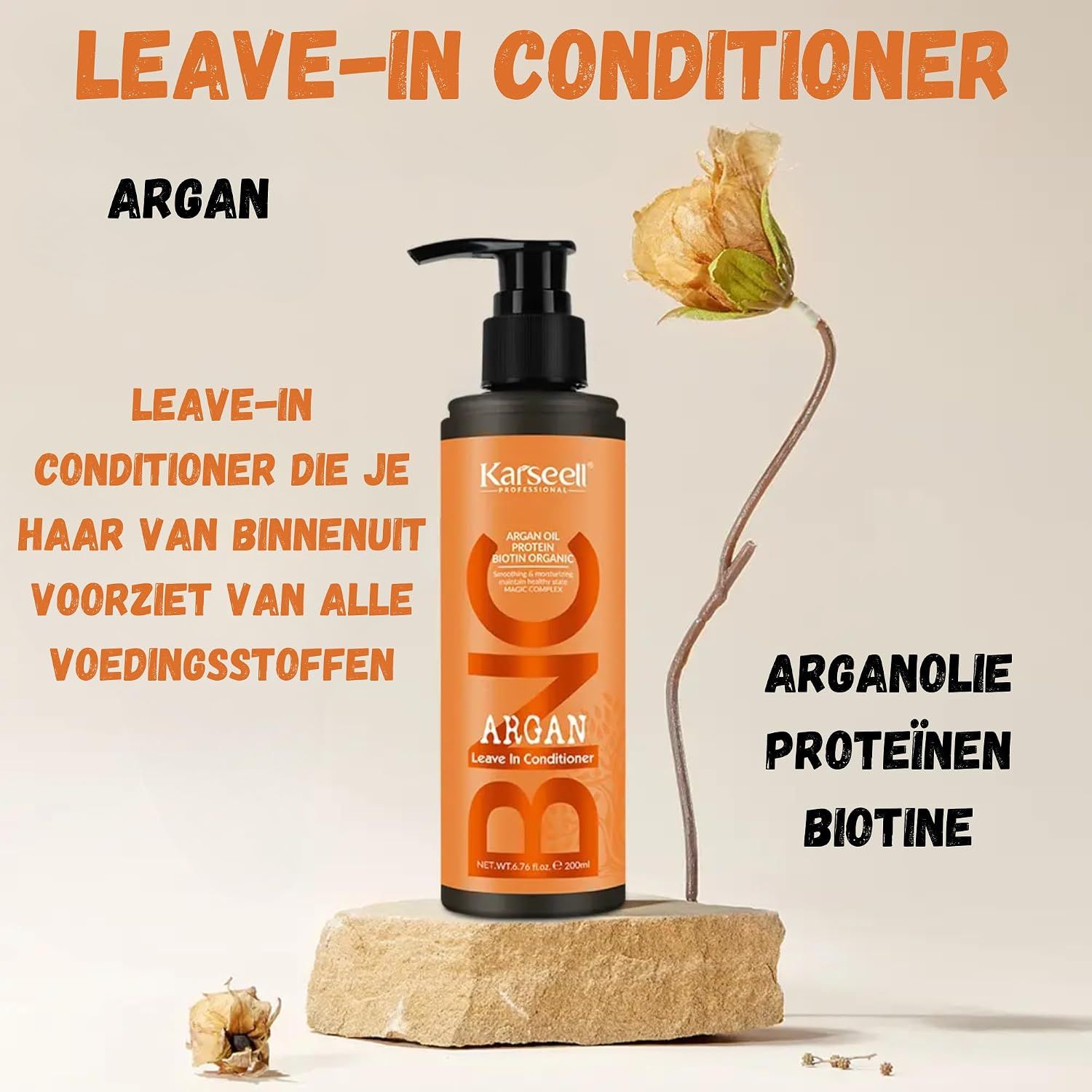 Leave-in conditioner fles met arganolie, proteïnen en biotine. Pompflacon, 300ml.