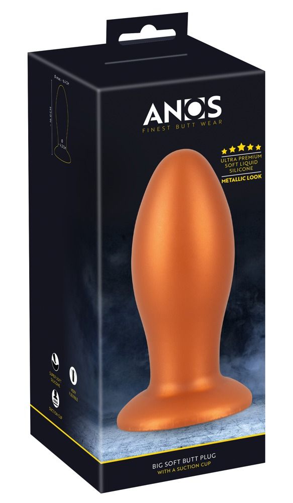 Emballage d'un plug anal orange avec ventouse. Marque ANOS.
