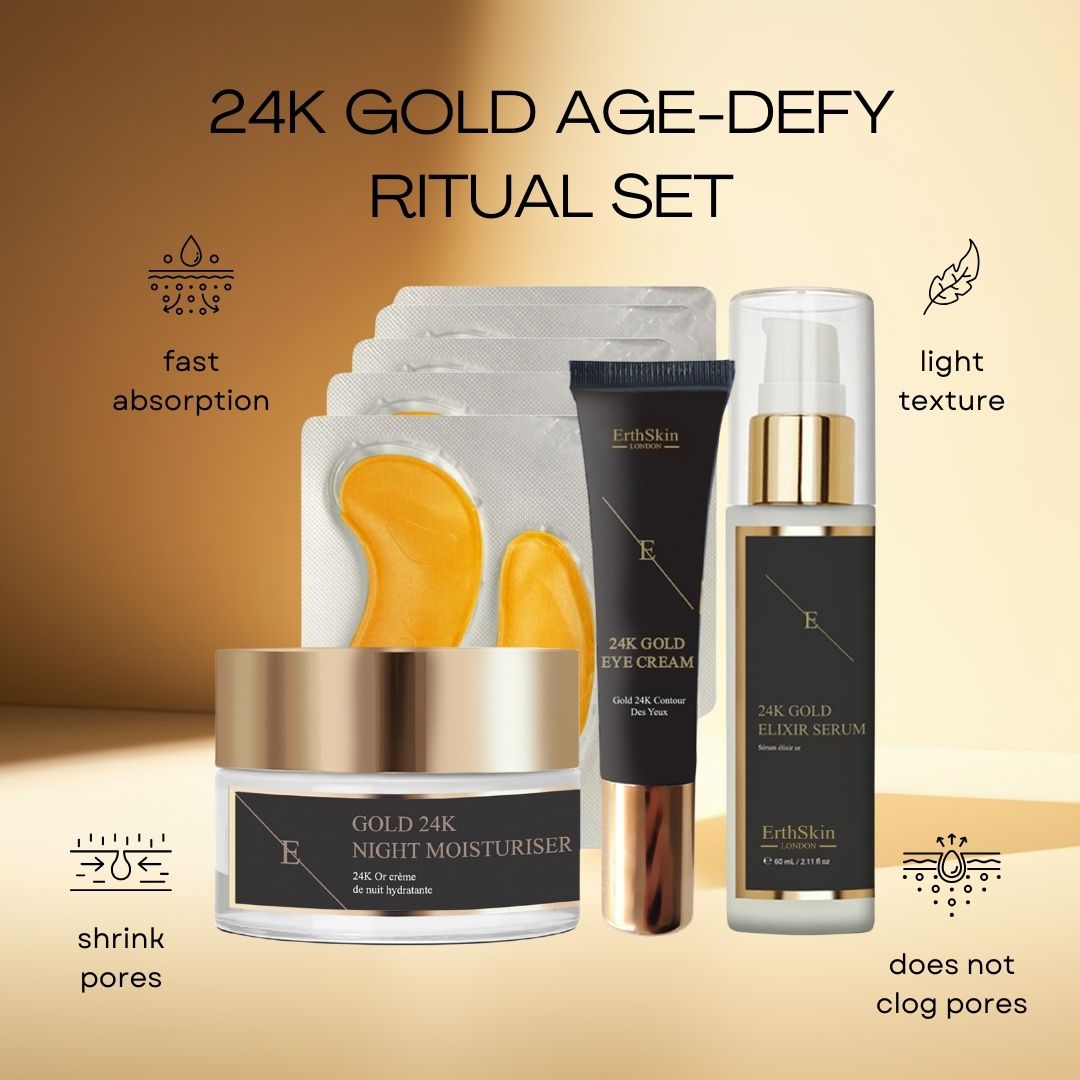 ErthSkin London Ritual Set. Contient crème de nuit, crème yeux, sérum et patchs. Emballages noirs avec détails dorés. Texte : 24K Gold Age-Defy.