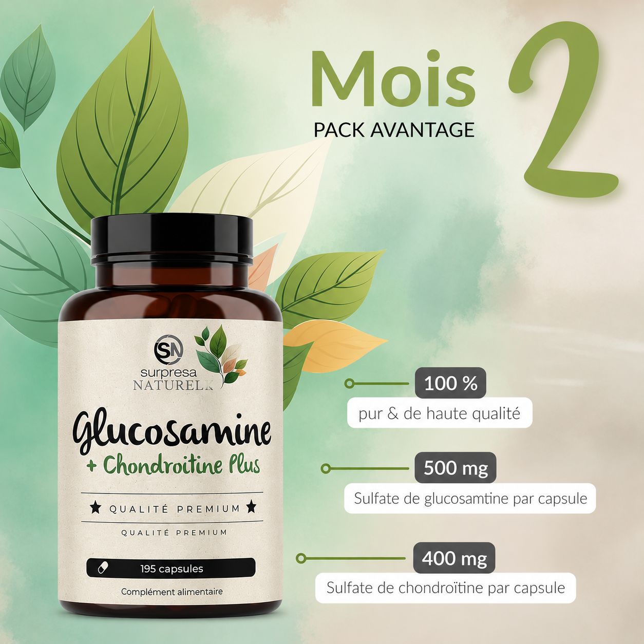 Bouteille brune de Glucosamine + Chondroitin Plus, 195 capsules. Contient 500 mg de sulfate de glucosamine et 400 mg de sulfate de chondroïtine par capsule.