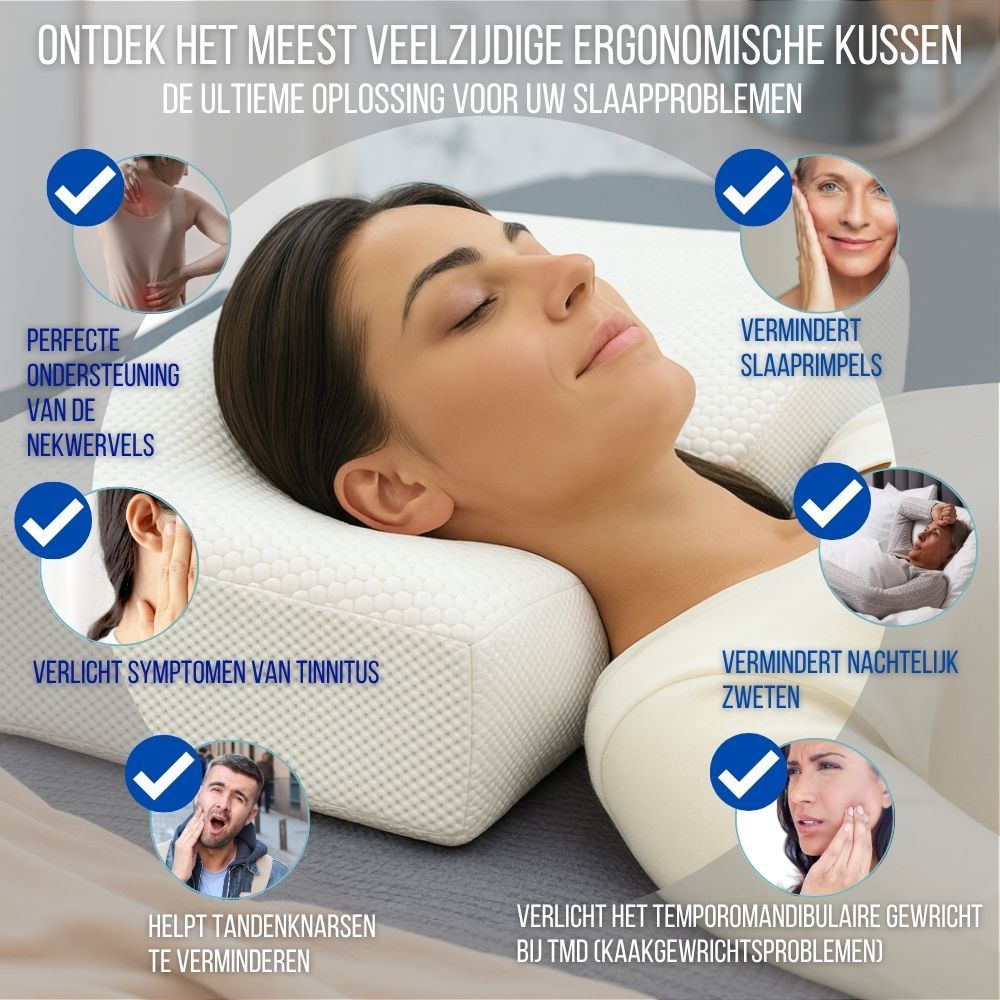 Vrouw ligt op een ergonomisch kussen. Voordelen: neksteun, anti-rimpel, etc. Blauwe vinkjes.