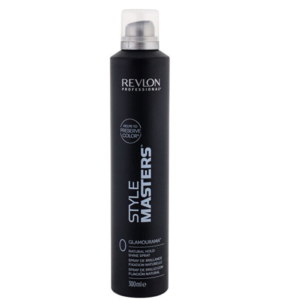 Flacon spray noir avec tête argentée. Inscription: Revlon Professional, Style Masters, Glamourama, Natural Hold Shine Spray.
