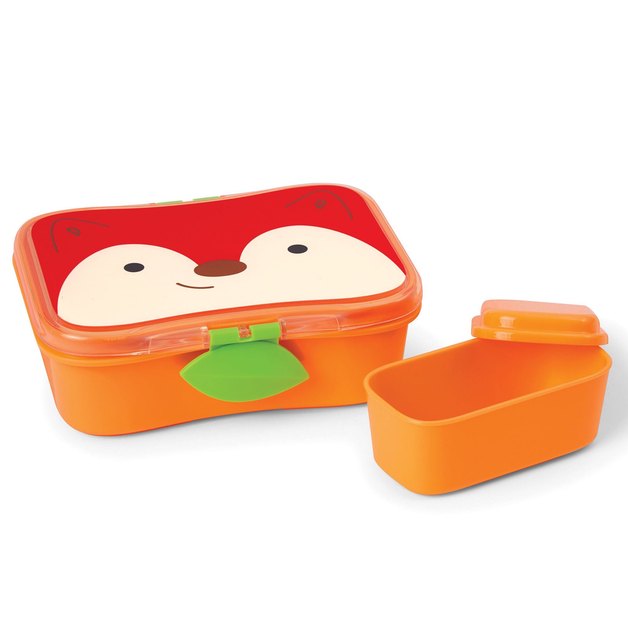 Oranje lunchbox met vossendesign, deksel en apart bakje. Groene sluiting.