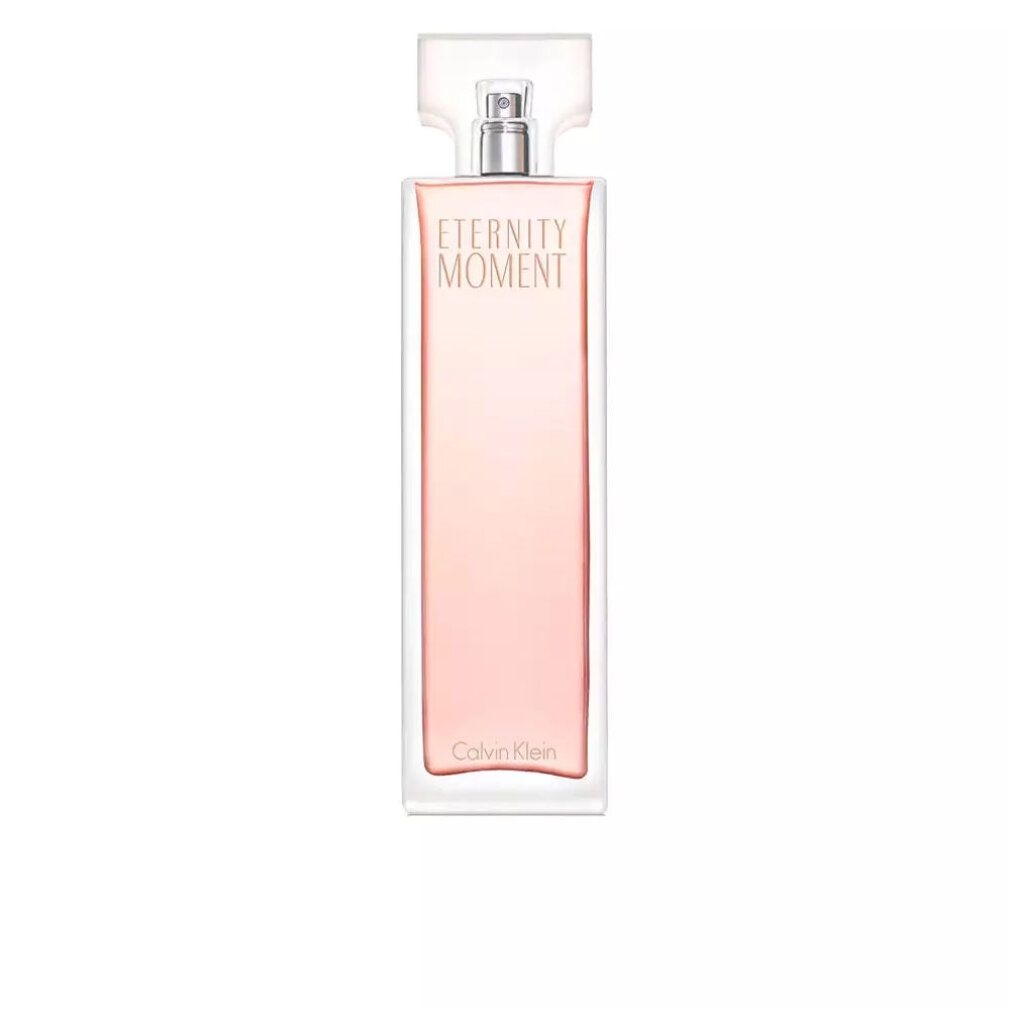 Eternity Moment Eau de Parfum Spray. Roze fles met zilveren verstuiver. Opschrift Eternity Moment en Calvin Klein.