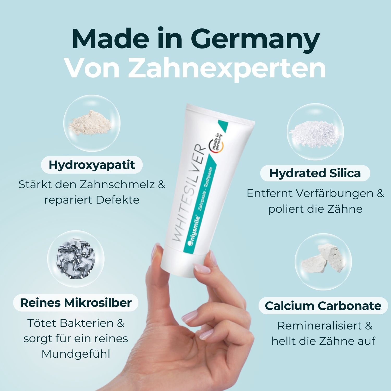 Dentifrice avec ingrédients. Dentifrice Whitesilver. Fabriqué en Allemagne.