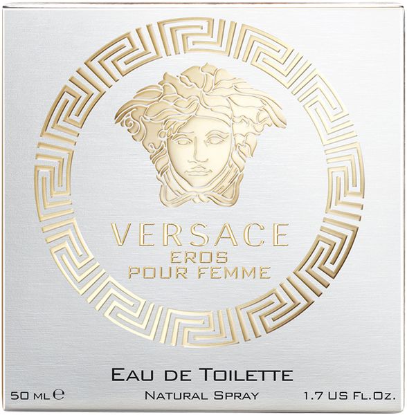 Versace Eros pour Femme Eau de Toilette. Boîte avec logo et inscription. Détails dorés.