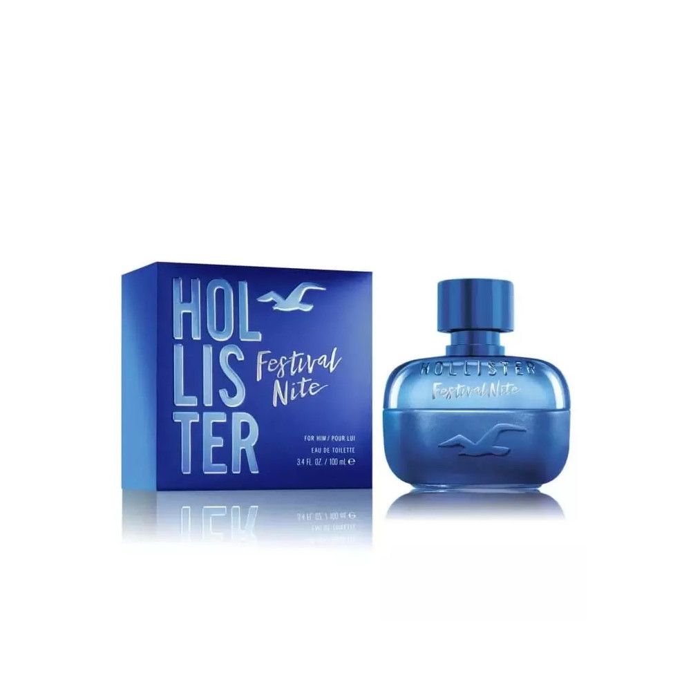 Flacon de parfum bleu et boîte. La boîte indique "Hollister Festival Nite". Le flacon est de forme ronde.