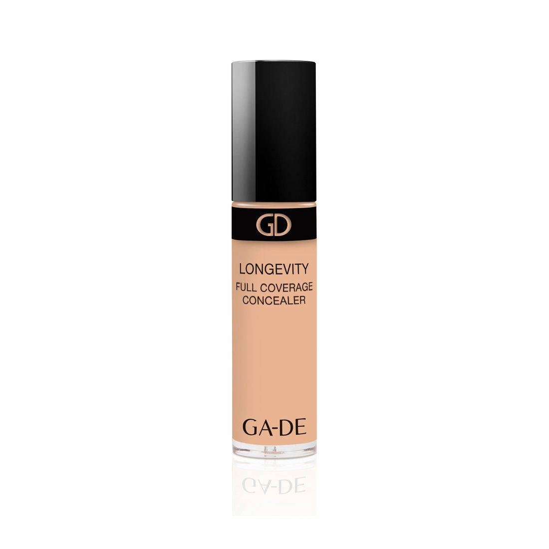 Correcteur Ga-De Longevity Full Coverage. Liquide beige dans un flacon cylindrique avec bouchon noir. Marque et nom du produit visibles.