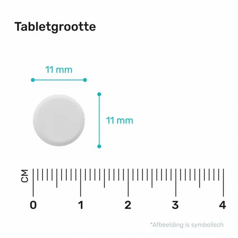 Close-up van een witte tablet met een diameter van 11 mm. Een schaal in cm toont de grootte.