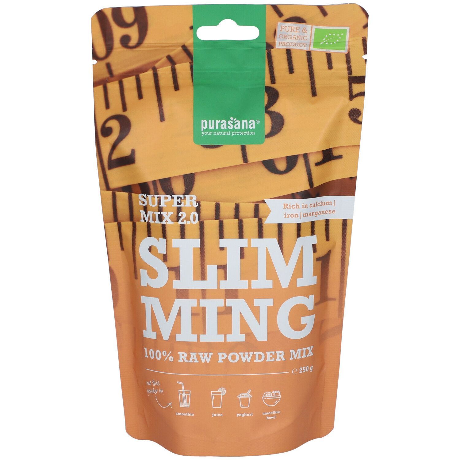 Purasana Slimming Mix 2.0 zakje, bruin-wit, met tekst en logo. Bio-label. Vooraanzicht.