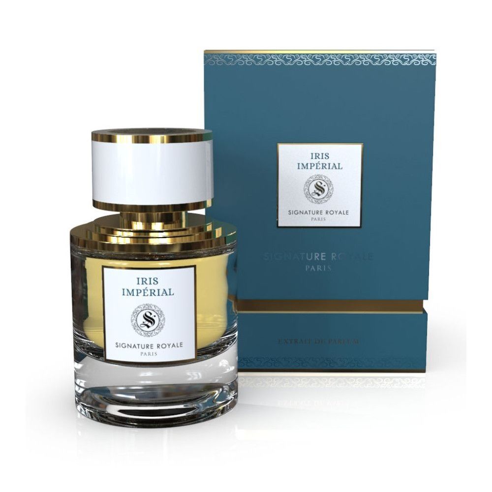 Parfumfles en doos. Fles met gouden dop en witte deksel. Blauwe doos met gouden tekst.