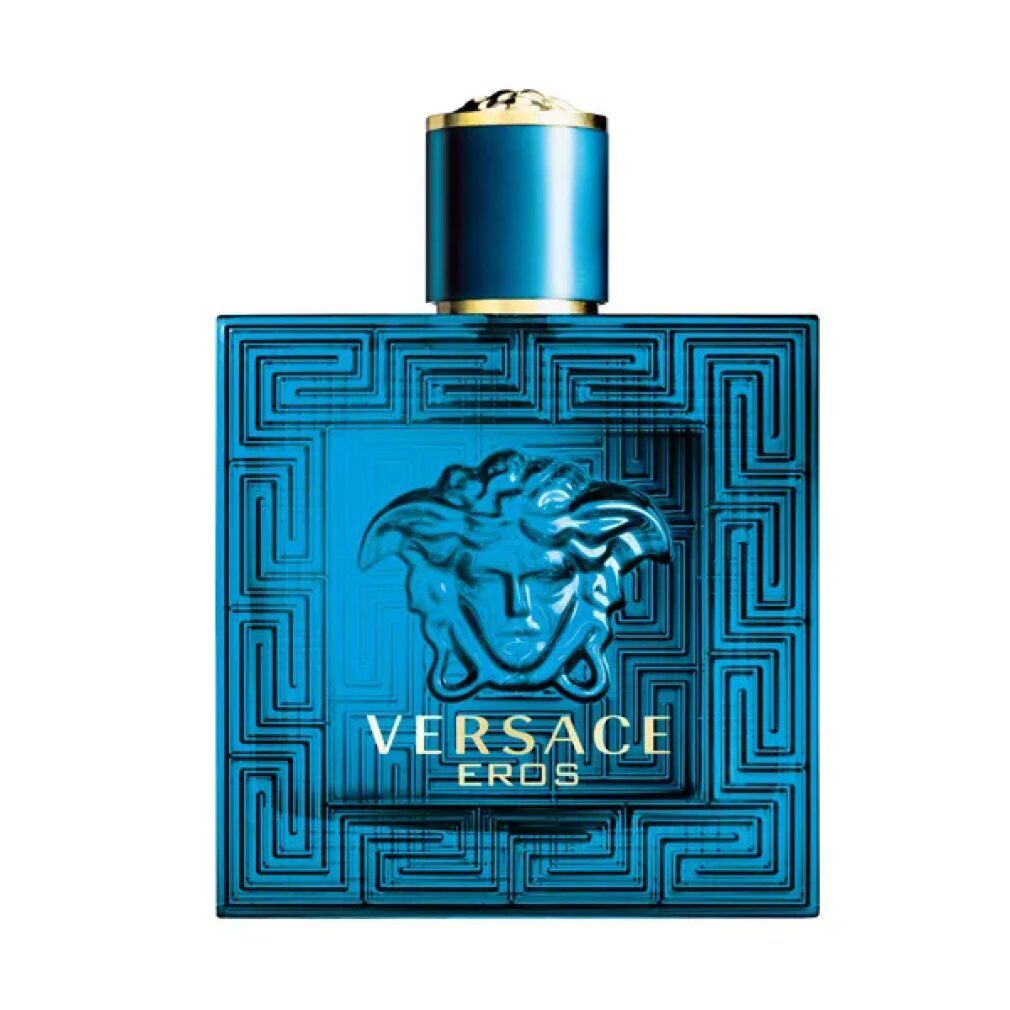 Turquoise fles met gouden dop. Reliëfpatroon en Medusa-logo. Opschrift VERSACE EROS.