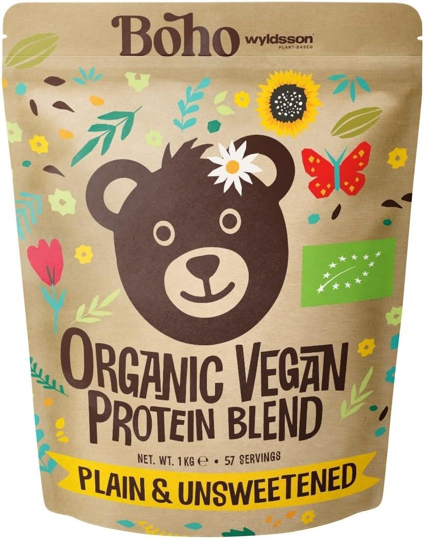 Emballage : Mélange de protéines végétaliennes bio Boho, 1 kg, Naturel & non sucré. Avec logo ours, fleurs et papillon.