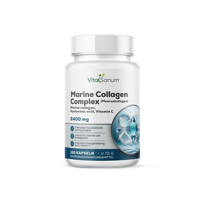 Witte pot 'VitaSanum Marine Collagen Complex'. Bevat 120 capsules. Met vitamine C. Ingrediënten zichtbaar.