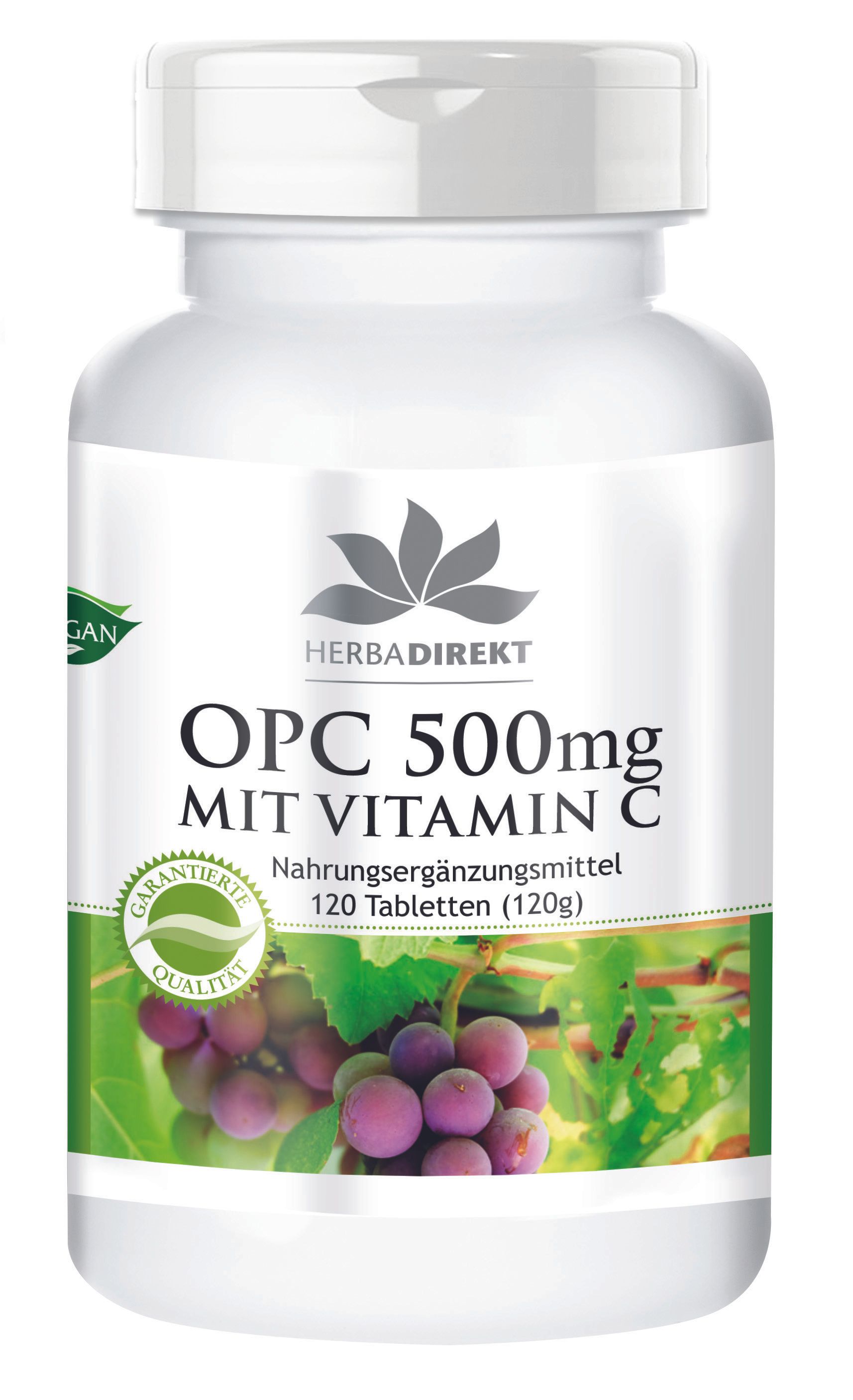 Witte pilfles met groen etiket. Opschrift: OPC 500mg met vitamine C. 120 tabletten. Herbadirekt logo. Vegan keurmerk.