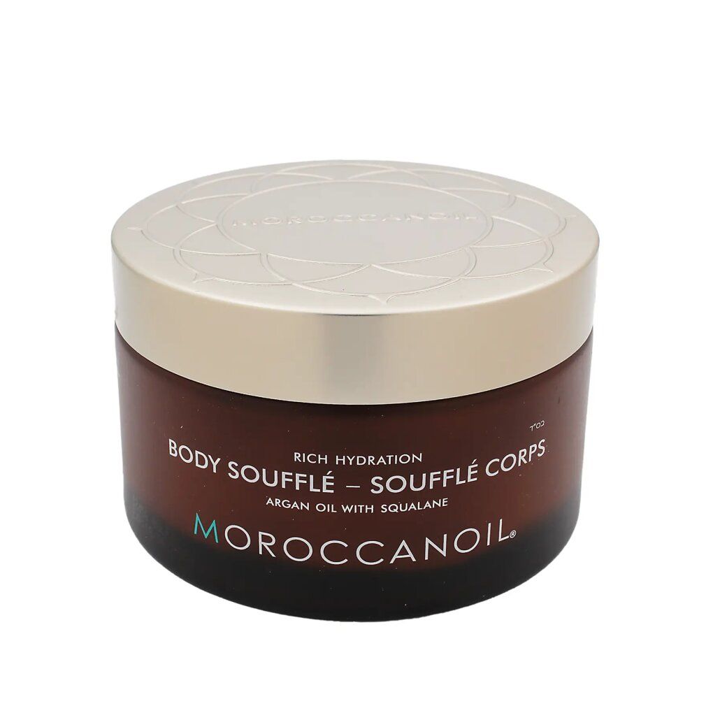 Bruine pot met gouden deksel. Opschrift: Body Soufflé, arganolie met squalaan. Merk: Moroccanoil.