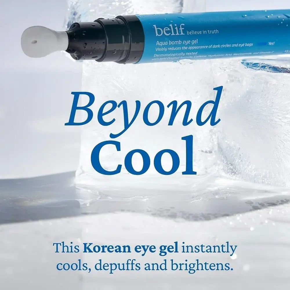 Belif Aqua Bomb Eye Gel op ijsblokjes, met tekst "Beyond Cool".