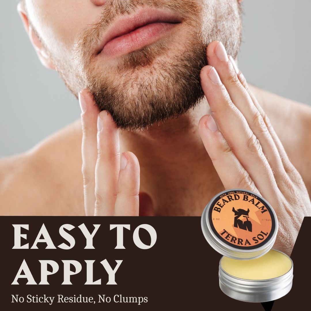 Un homme applique du baume à barbe, une boîte est visible à côté.