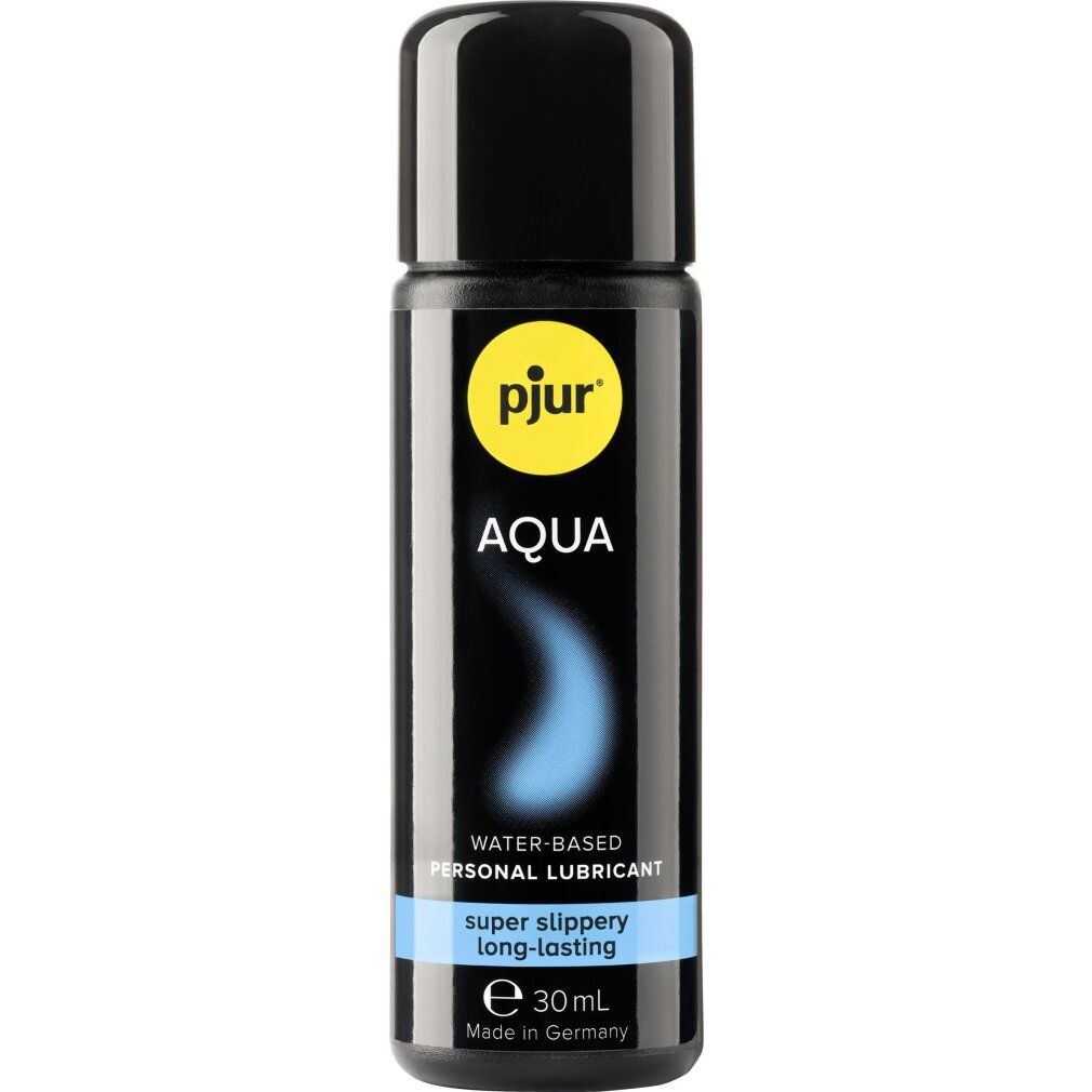 Petit flacon noir avec bouchon noir. Inscription : pjur AQUA, à base d'eau, super glissant, longue durée. 30ml.