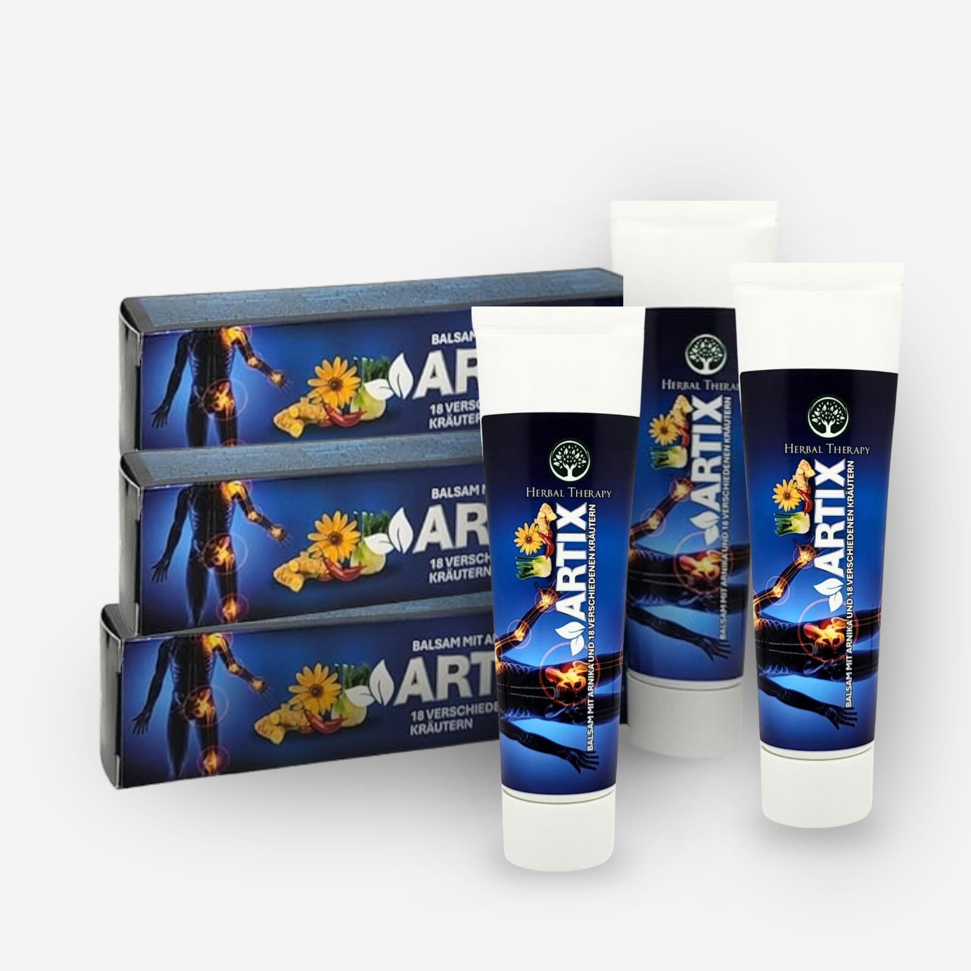 Drie tubes en drie dozen van de Artix balsem met 18 kruiden. De verpakking toont een menselijk figuur met pijnlijke gewrichten.