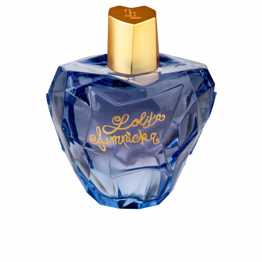 Blauwe fles met gouden dop. Opschrift "Lolita Lempicka". Geometrische vorm.