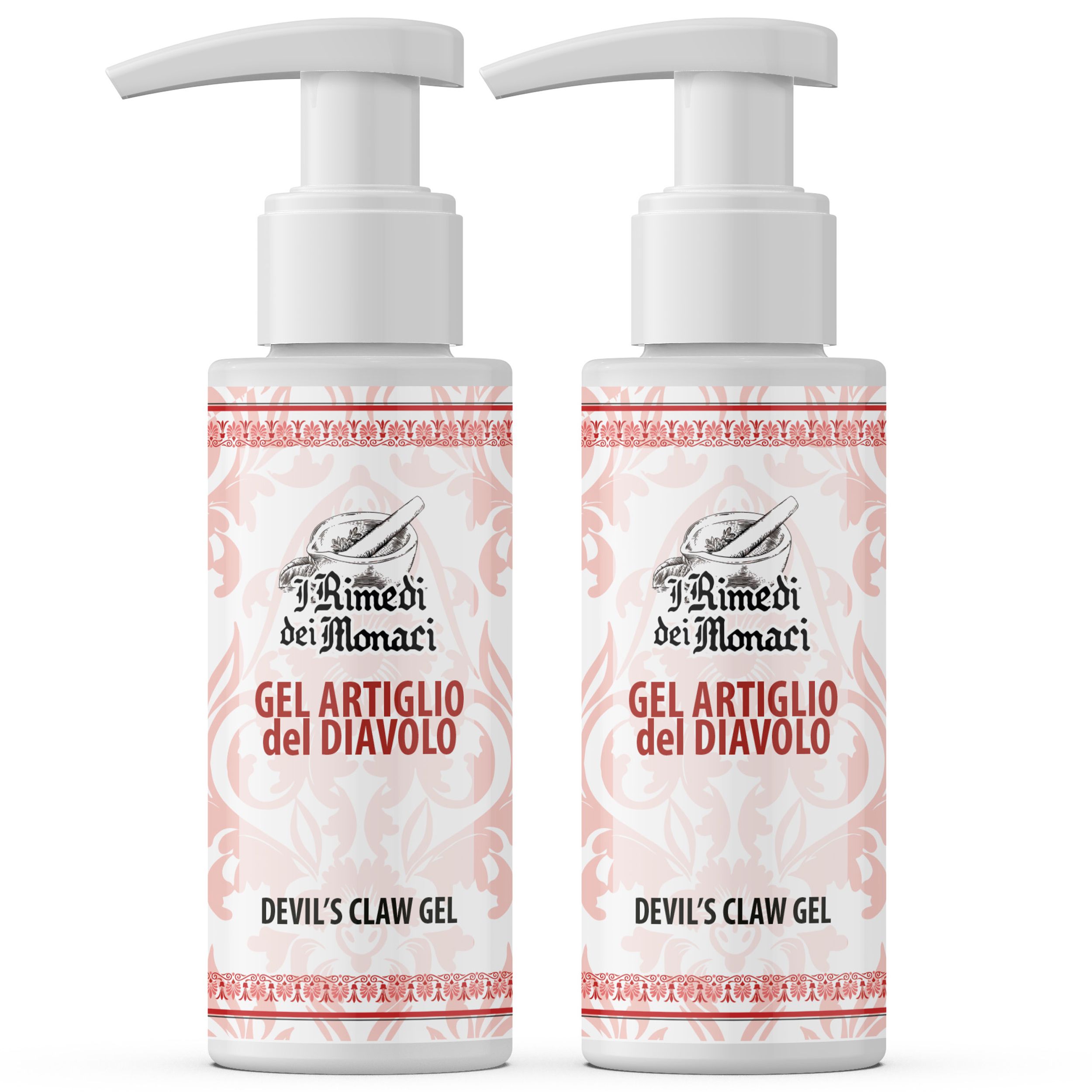 Twee flessen met witte pomp. Opschrift: Gel Artiglio del Diavolo, Devil's Claw Gel. Merk: I Rimedi dei Monaci.