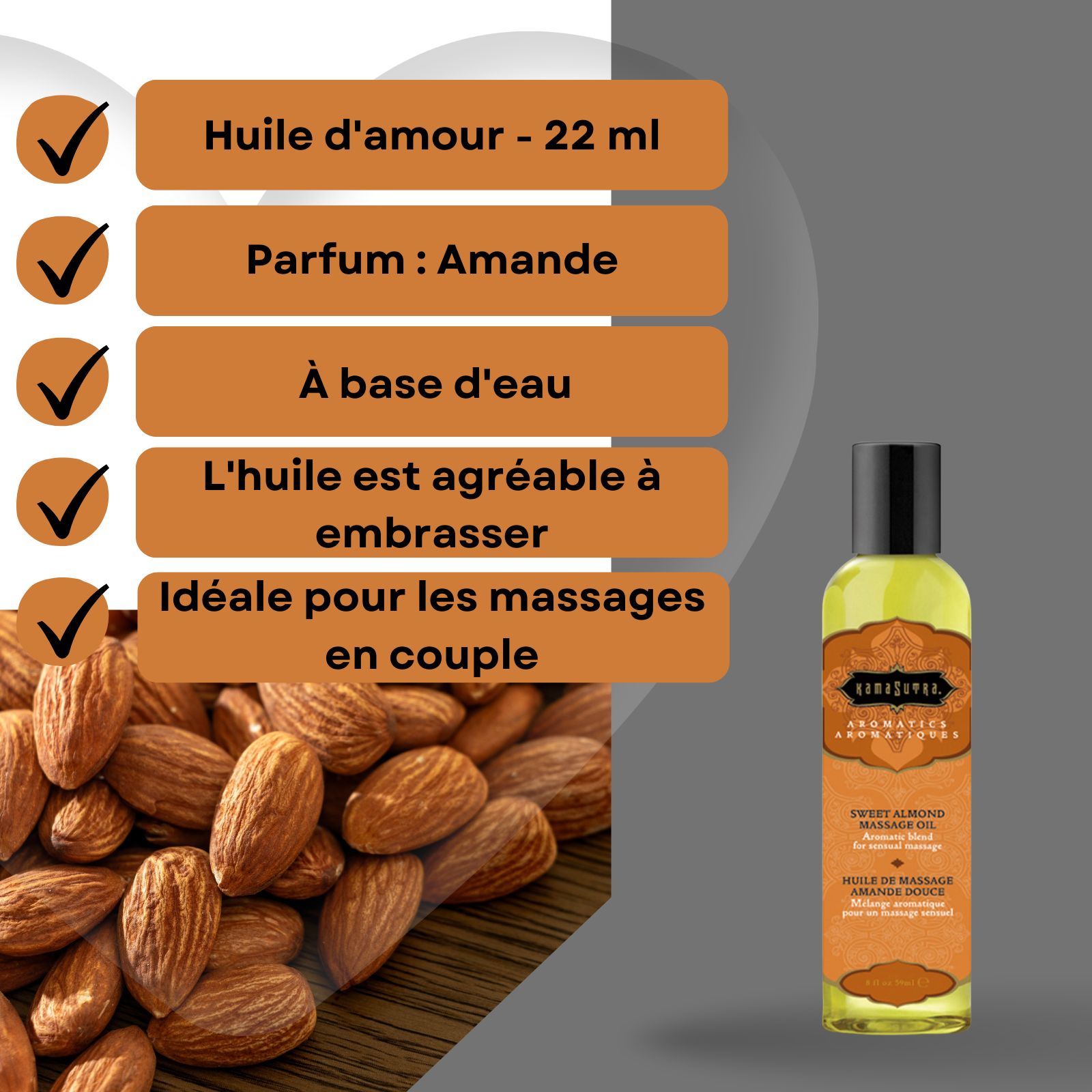 Informations produit: Huile d'amour, Parfum: Amande, à base d'eau, l'huile est agréable à embrasser, idéale pour les massages en couple.