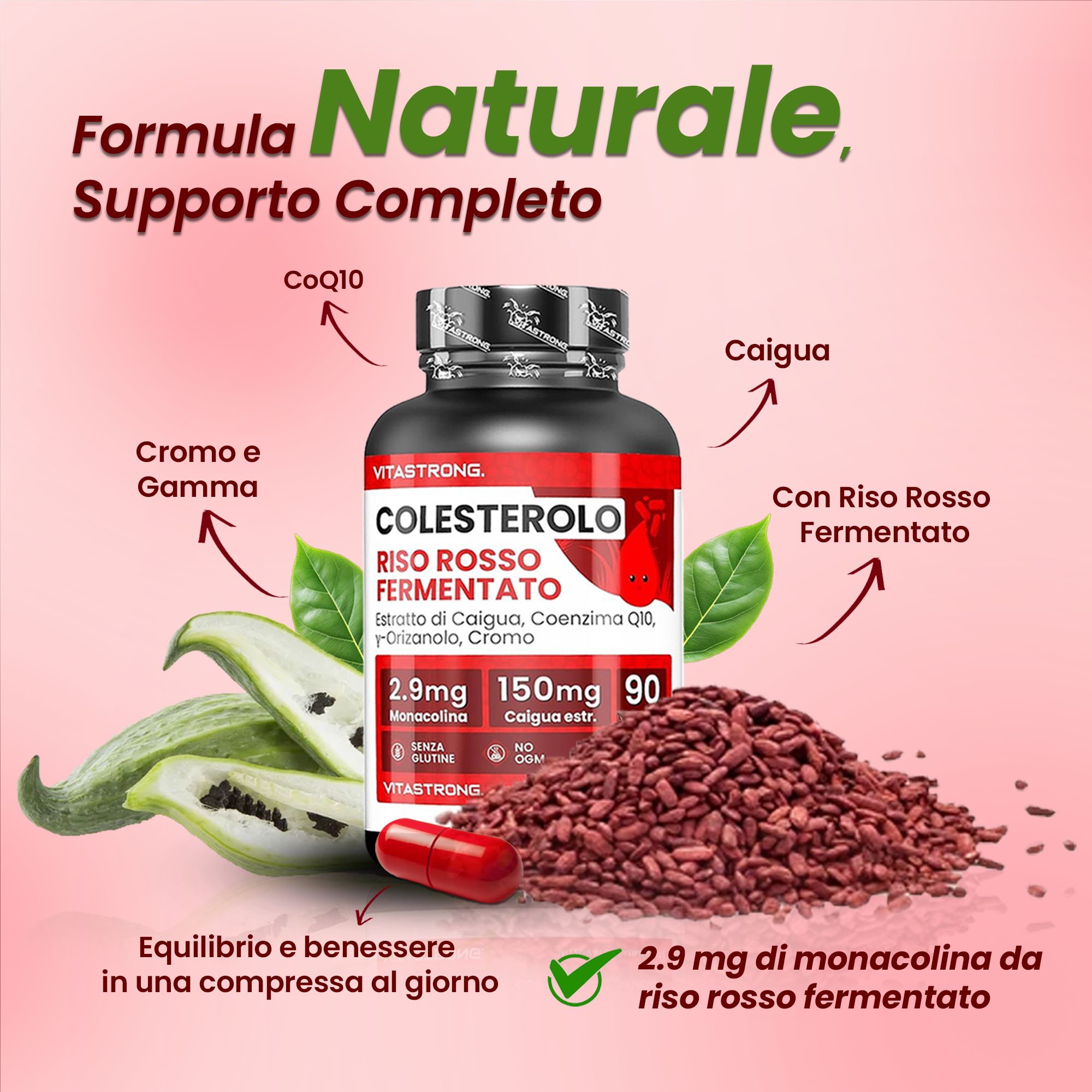 Vitastrong Cholesterin, 90 tabletten. Zwarte fles, rood etiket. Ingrediënten en rode rijst.