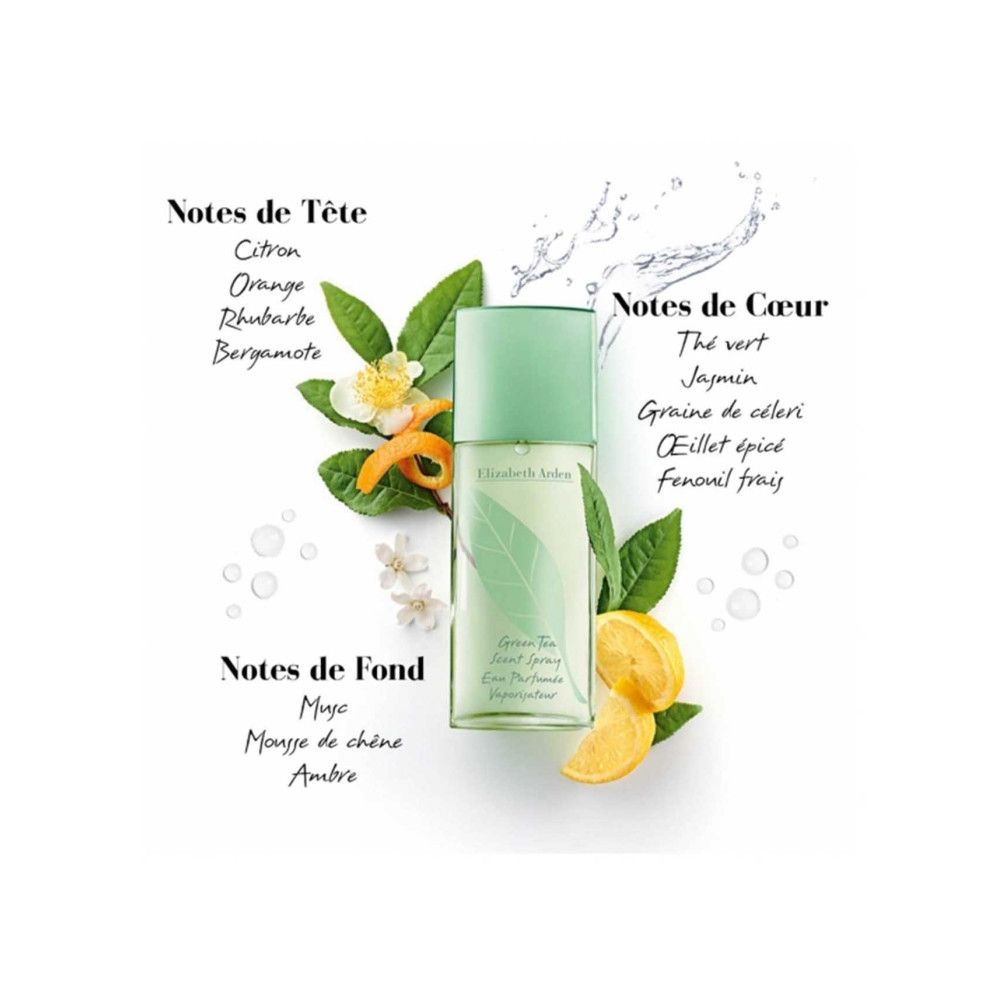 Elizabeth Arden Green Tea Scent Spray. Flacon avec bouchon vert. Motif feuille et texte.