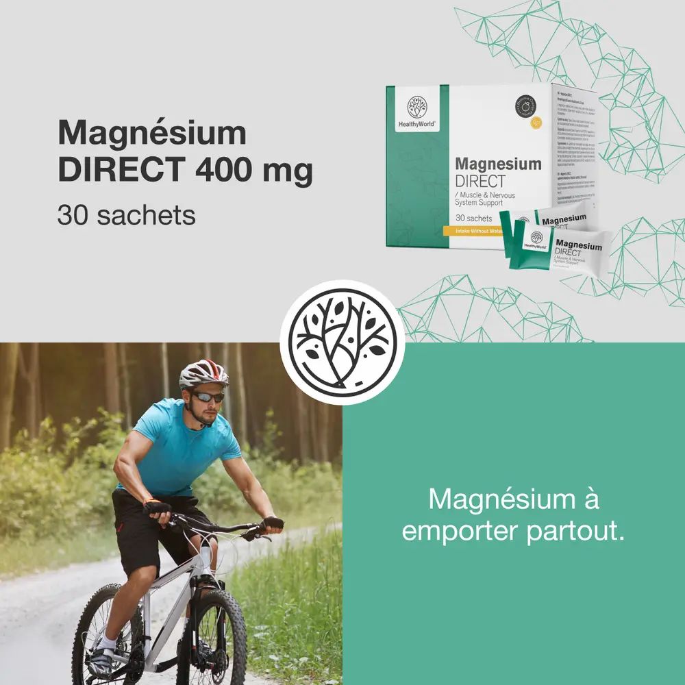 Cycliste sur chemin forestier. Magnesium DIRECT 400 mg, 30 sachets. Marque HealthyWorld. Texte: Magnésium à emporter.