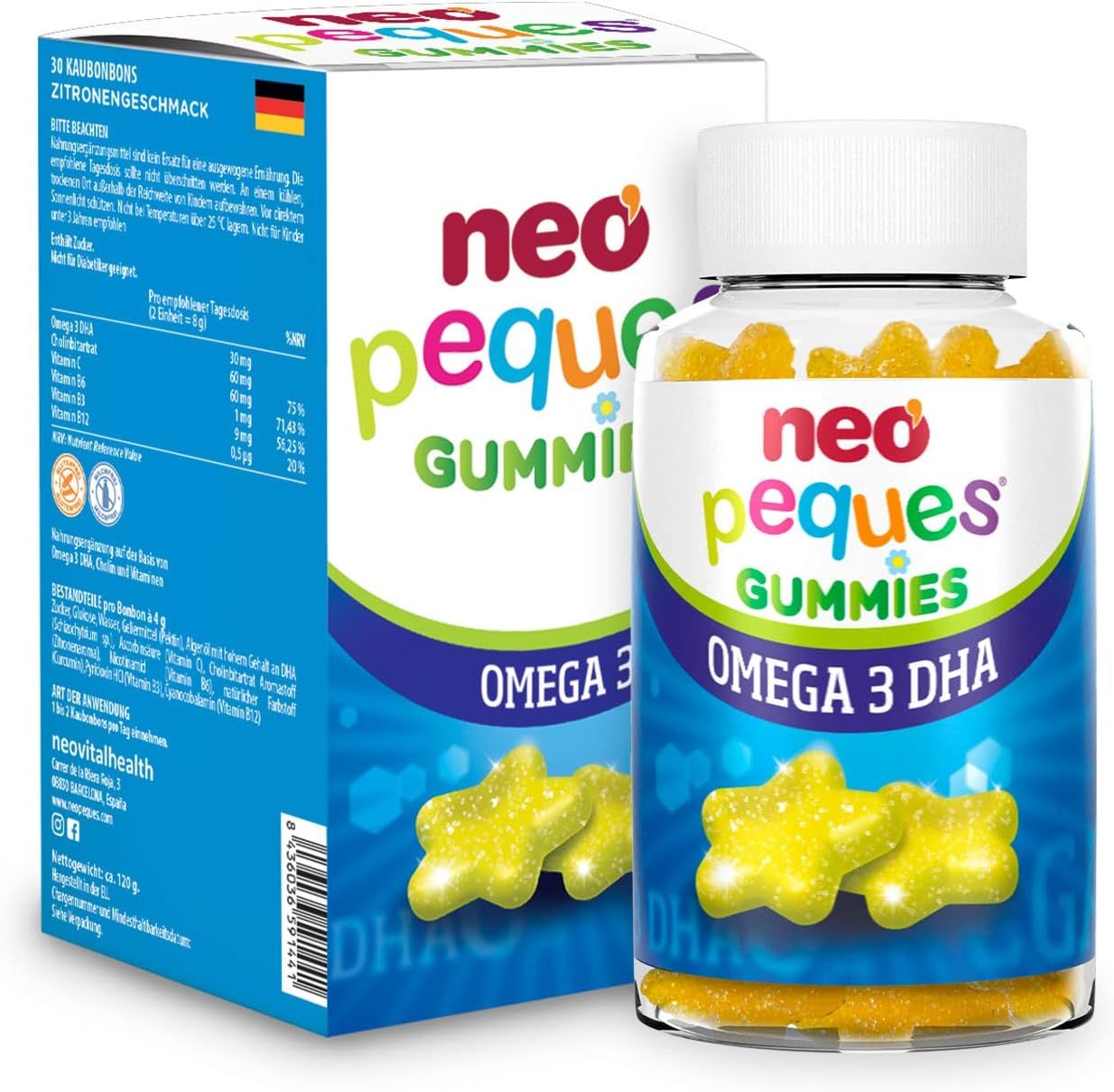 Verpakking en fles Neo Peques Omega 3 DHA Gummies, 30 stuks, citroensmaak.