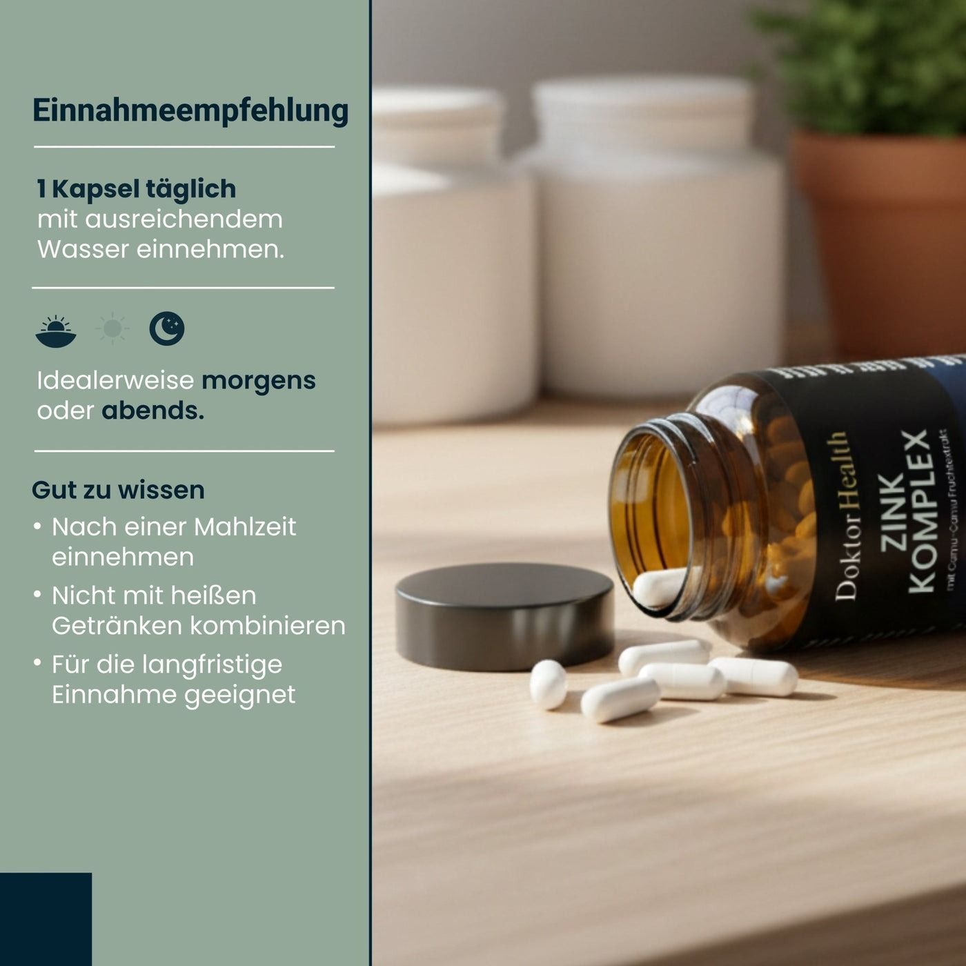Bruine glazen fles met capsules ernaast. Tekst: Aanbeveling voor inname: 1 capsule per dag. Goed om te weten: innemen na een maaltijd.