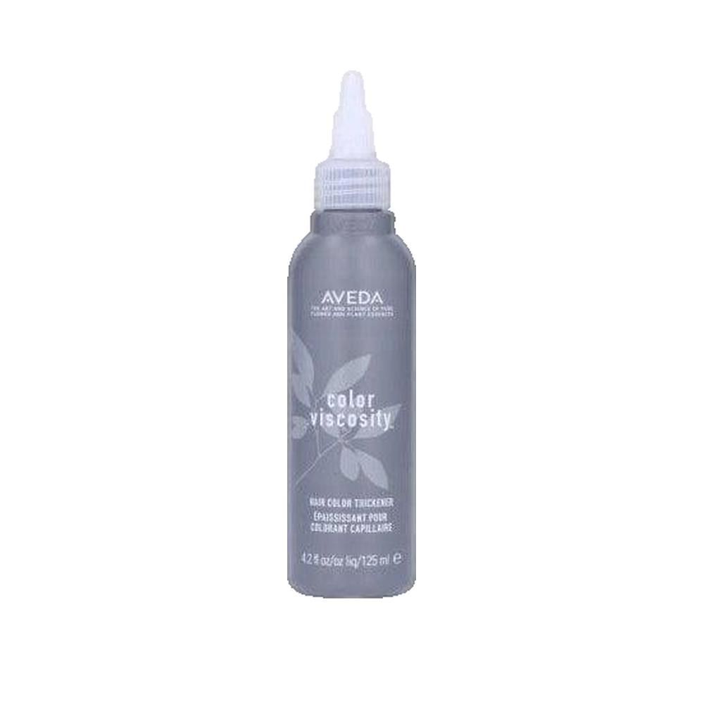 Flacon gris avec applicateur blanc. Inscription: Aveda, color viscosity. Texte: Hair color thickener. 125 ml.