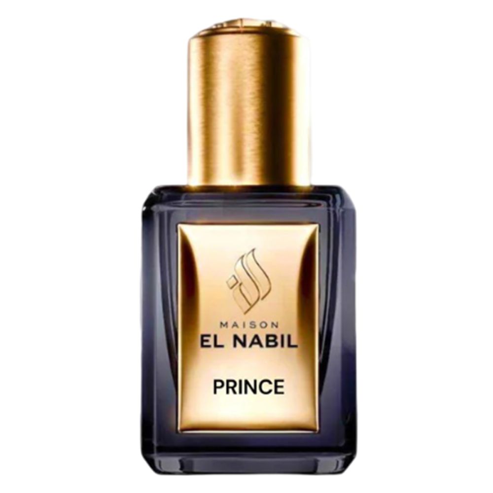 Flacon de parfum bleu foncé avec bouchon doré. Étiquette dorée avec logo et inscription "EL NABIL PRINCE".