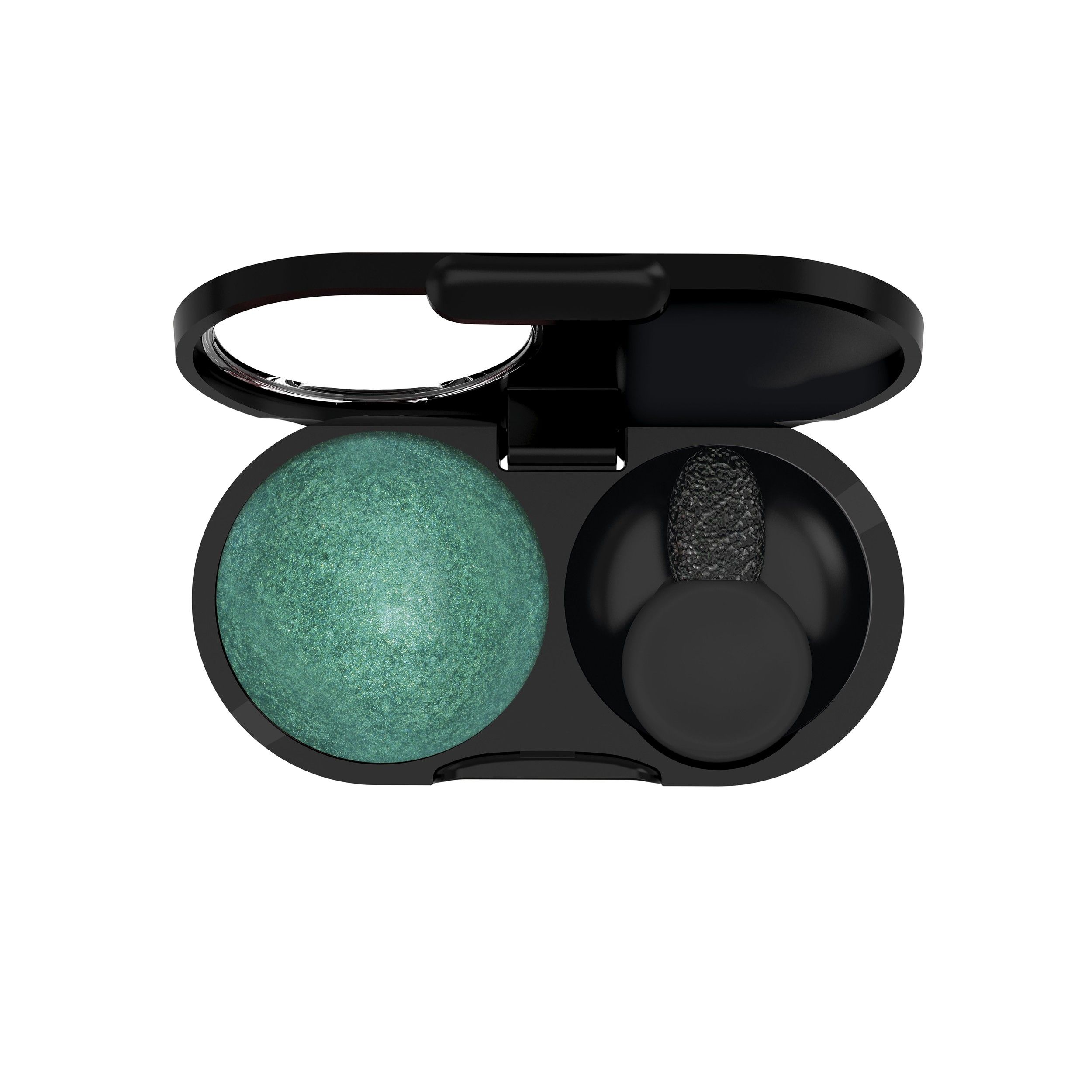 Groene oogschaduw in een zwart doosje met applicator.