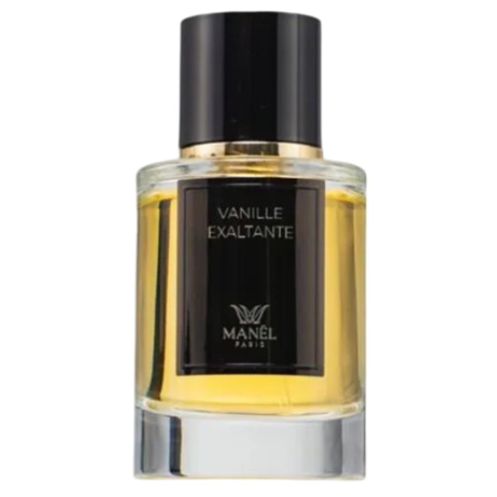 Flacon de parfum avec bouchon noir et étiquette. Texte: Vanille Exaltante, Manel Paris.
