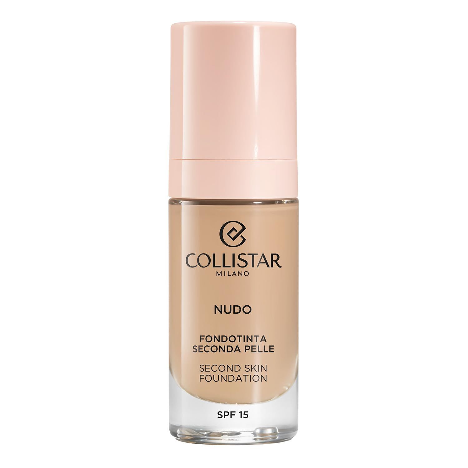 Flacon de fond de teint. Marque Collistar, nom du produit Nudo, Second Skin Foundation, SPF 15. Liquide beige rosé dans un flacon en verre.