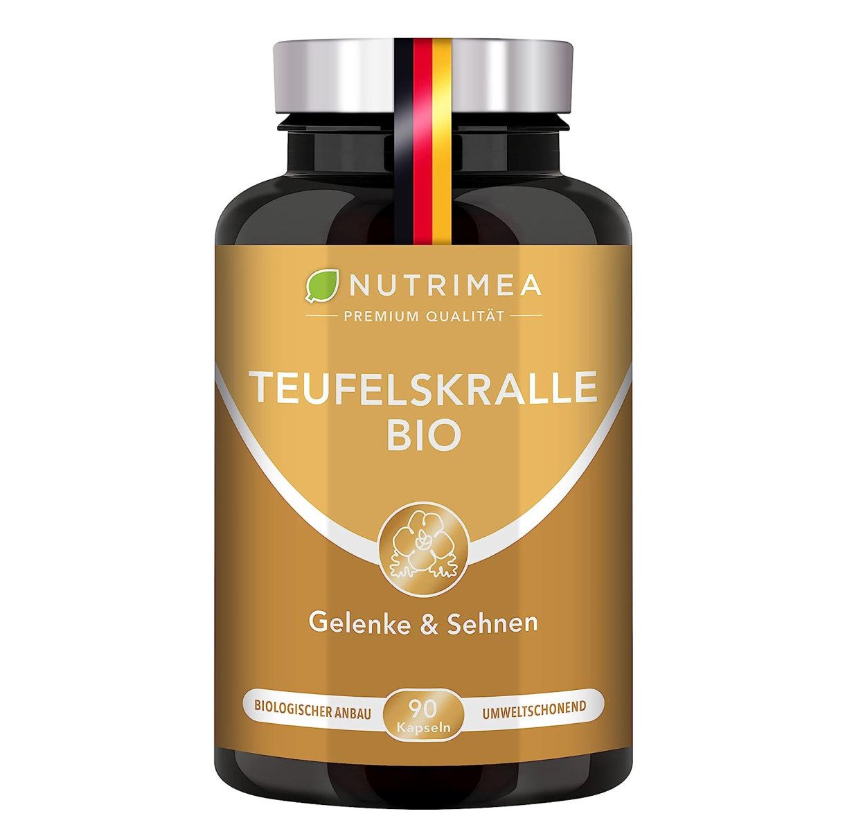 Bruine capsules in bruine fles met zilveren dop. Opschrift: Nutrimea Teufelskralle BIO, 90 capsules. Met Duitse vlag.