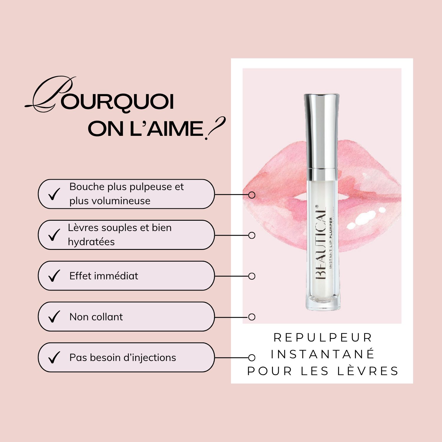 Texte: POURQUOI ON L'AIME? Produit avec applicateur. Texte: Bouche plus pulpeuse. Lèvres souples et bien hydratées.