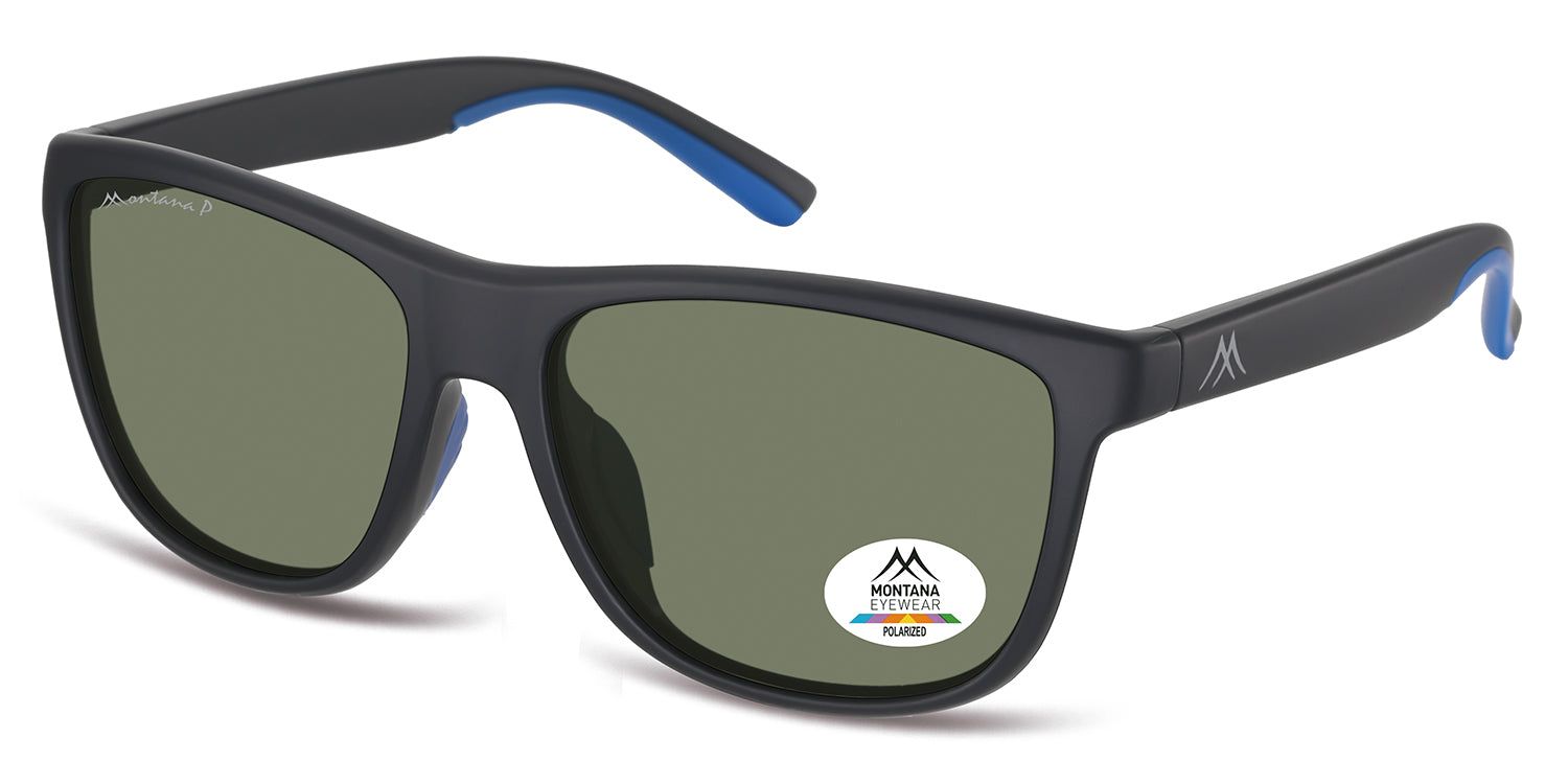 Lunettes de soleil noires avec verres verts. Accents bleus sur les extrémités des branches. Logo Montana Eyewear sur la branche droite. Polarisé.