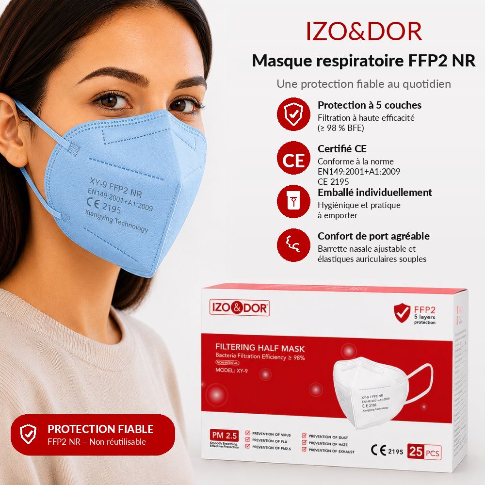Boîte de masques FFP2 NR : 25 pièces, 5 couches, CE 2195, Modèle XY-9, Efficacité de filtration bactérienne >98%.
