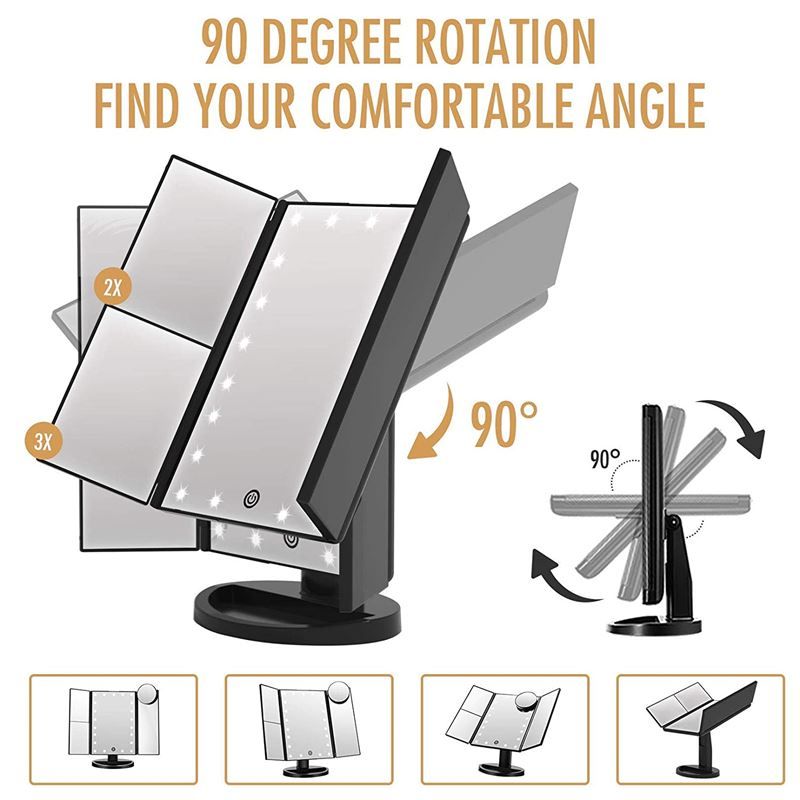 Miroir pliable avec éclairage LED. Triple, avec rotation à 90 degrés. Socle noir. Plusieurs angles.