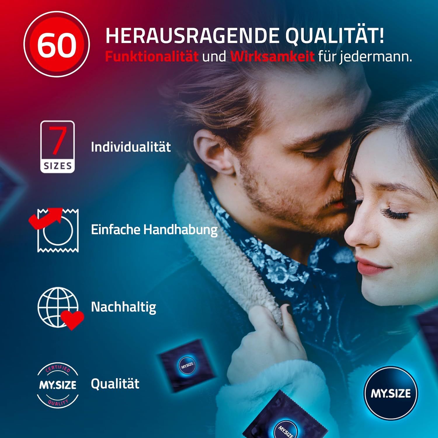 Couple s'embrassant. Paquets de préservatifs MY.SIZE. Texte : "QUALITÉ EXCEPTIONNELLE !" et "Fonctionnalité et efficacité pour tous." 7 tailles.
