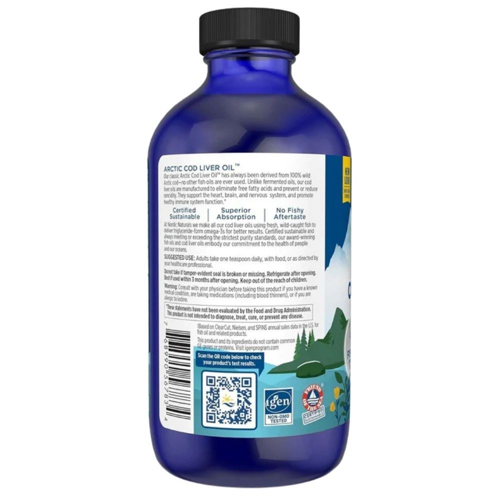 Arrière d'une bouteille bleue d'huile de foie de morue. Affiche les certifications et les instructions d'utilisation.