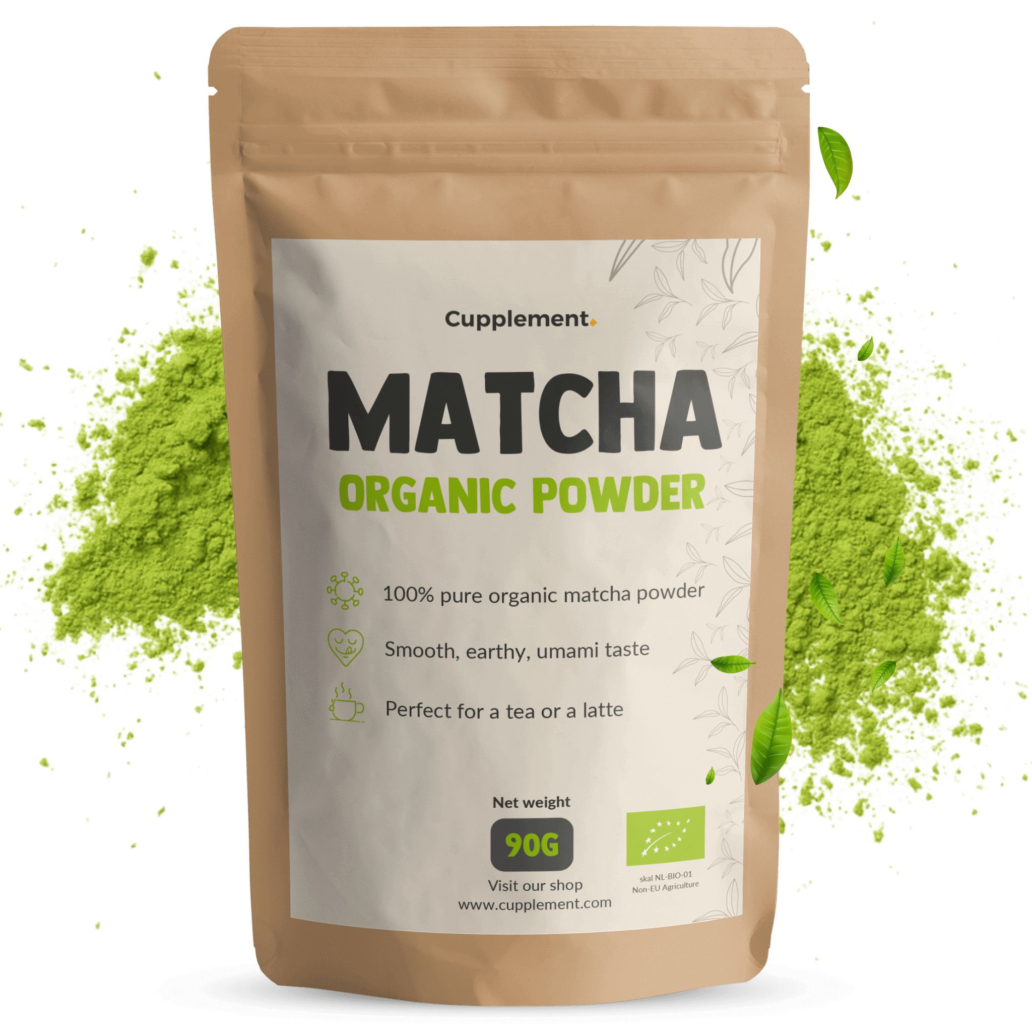 Sachet de poudre de matcha. Inscription : Matcha Organic Powder. 90g. Label bio.