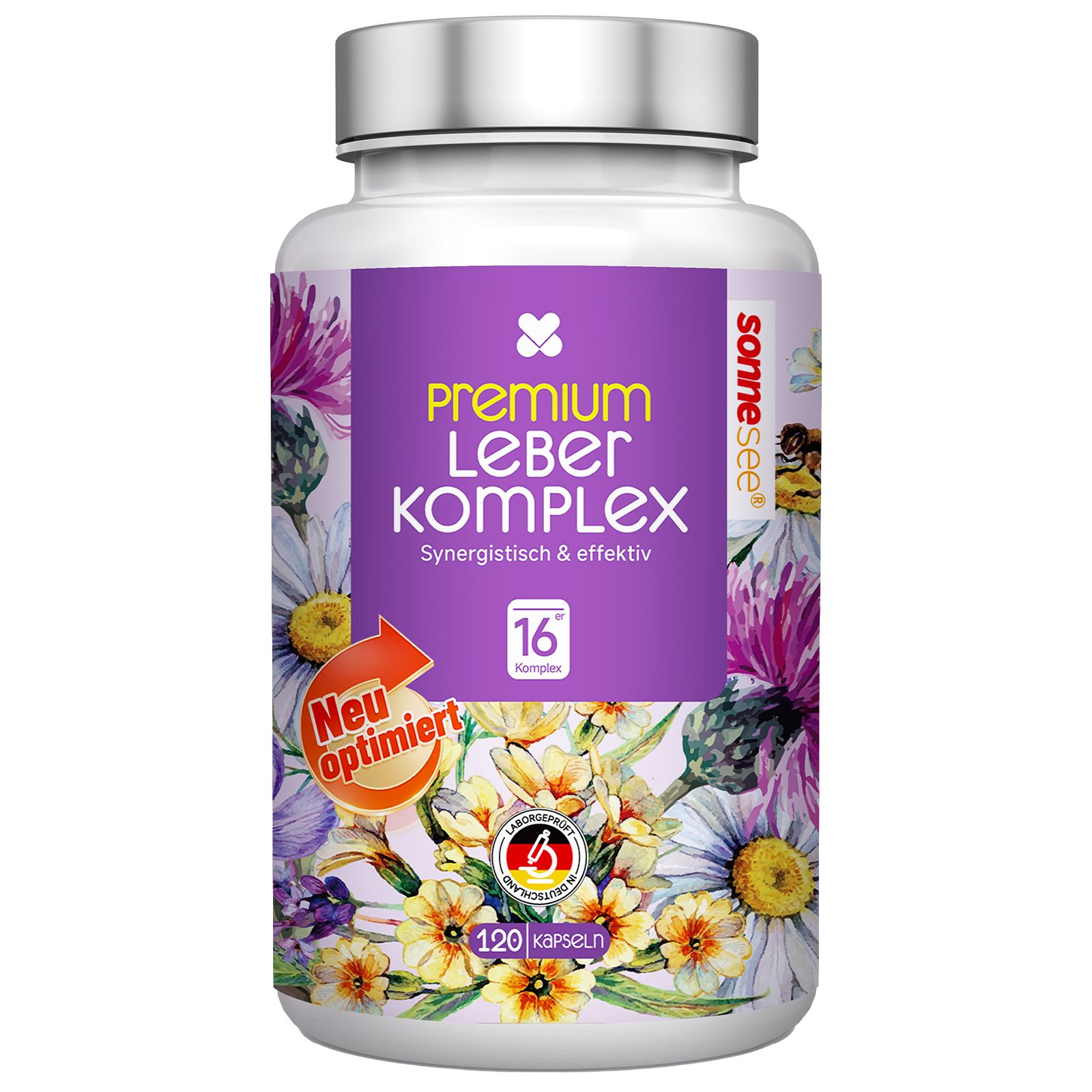 Contenant de capsules Sonnenklee Premium Leber Komplex avec design floral et informations produit.