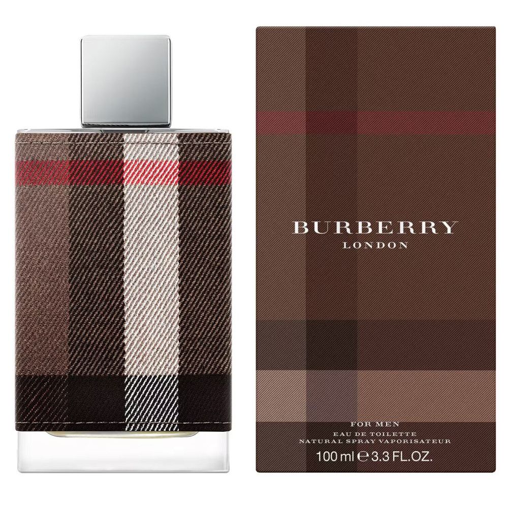 Flacon avec bouchon argenté et emballage. Les deux présentent le motif à carreaux Burberry. "BURBERRY LONDON" est écrit sur l'emballage.