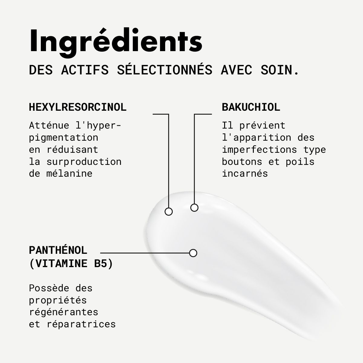 Tekst met ingrediënten: Hexylresorcinol, Bakuchiol, Panthenol (Vitamine B5). Productnaam: Melintim.