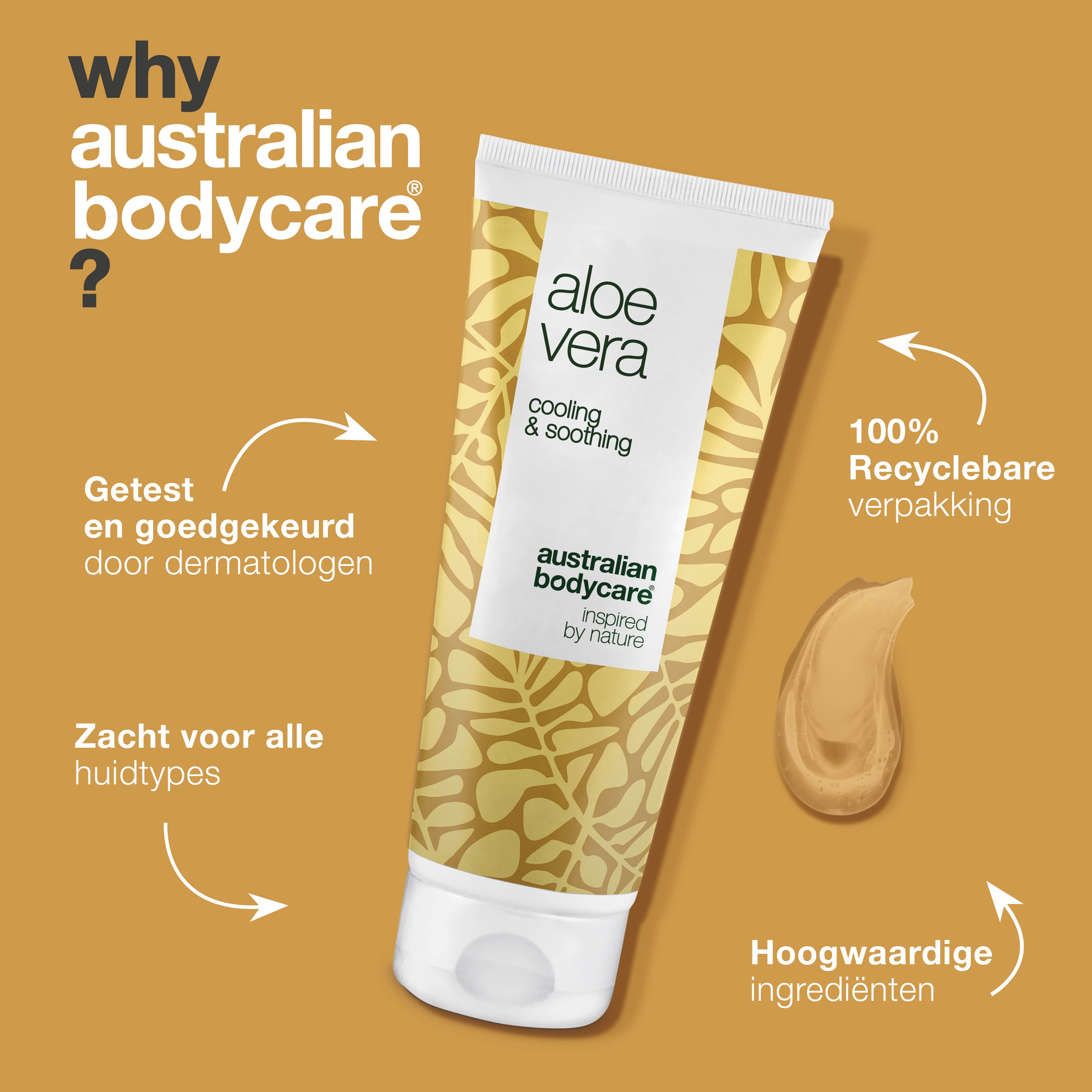 Aloë vera gel, tekst: cooling & soothing, Australian Bodycare. Voordelen: dermatologisch getest, zacht.